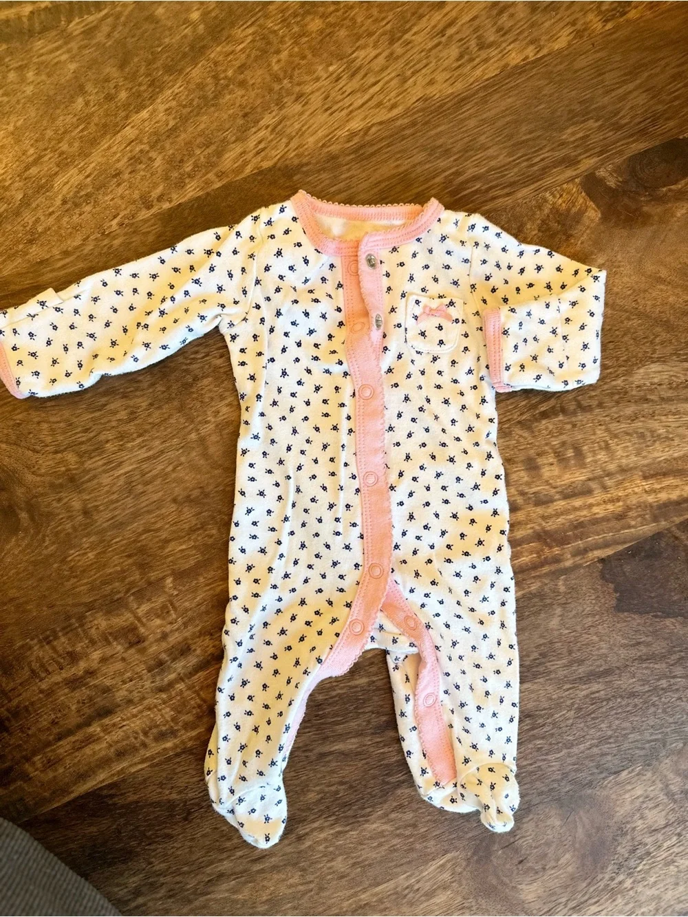 White Footed One-Piece with Pink Trim and Navy Dot Print